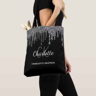 Bolsa Tote Pinga inicial monograma em brilho prateado preto