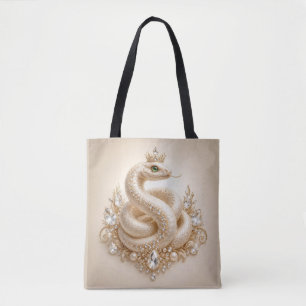 Bolsa Tote Pingente de Coroa de Serpente de Cristal Bege Arte
