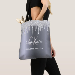 Bolsa Tote Pingentes de brilho prateado com iniciais monogram