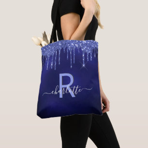 Bolsa Tote Pingo de brilho azul marinho monograma nome script