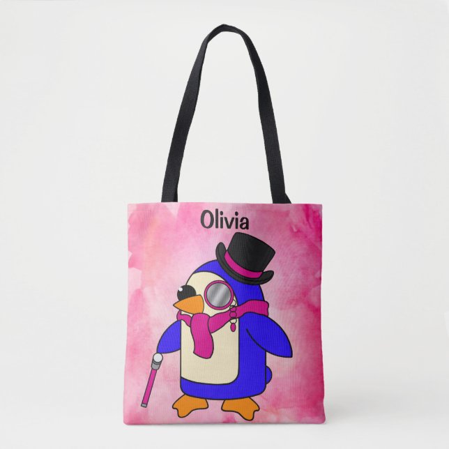 Bolsa Tote Pinguim de desenho animado bonito, rosa (Frente)