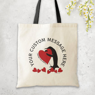 Bolsa Tote Pinguim de Mensagem Personalizado e Coração Vermel