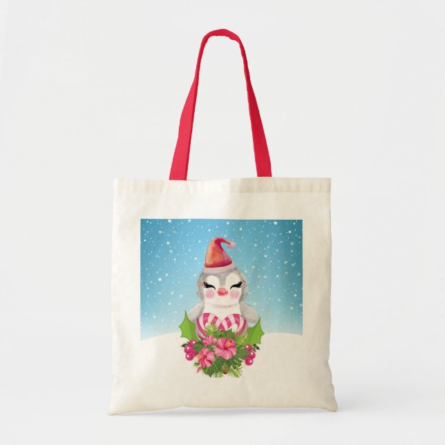 Bolsa Tote Pinguim de Natal bonito em Santa Hat (Frente)