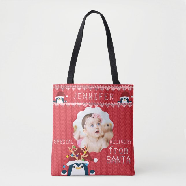 Bolsa Tote Pinguim Divertido Seu Nome Fotográfico Cute Baby T (Frente)