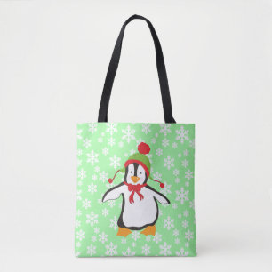 Bolsa Tote Pinguim Fofo com Fundo de Flocos de Neve