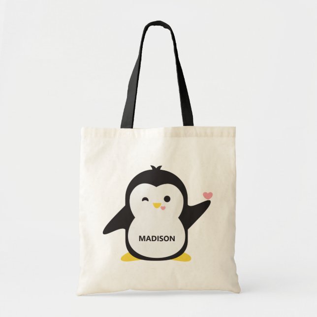 Bolsa Tote Pinguim fofo de nome personalizado (Frente)