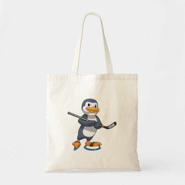 Bolsa Tote Pinguim no hóquei no gelo com bastão de hóquei no  (Frente)