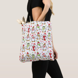 Bolsa Tote Pinguins de dança, vermelho e verde, Natal