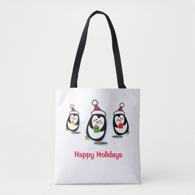Bolsa Tote Pinguins Felizes Feriados Saco de Natal (Frente)