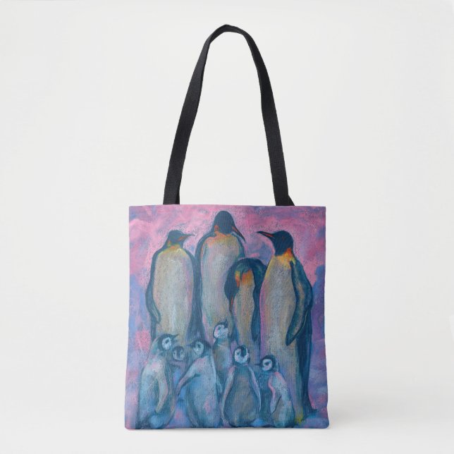 Bolsa Tote Pinguins Imperadores, Aves Antárticas, Pais e Cria (Frente)