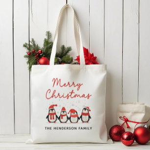 Bolsa Tote Pinguins Nome Personalizado Feliz Natal