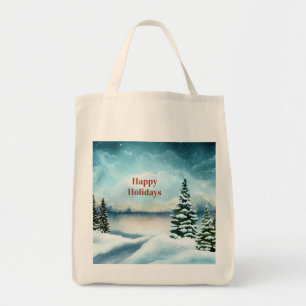 Bolsa Tote Pinheiros nevados perto de um lago