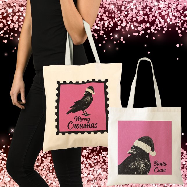 Bolsa Tote Pink and Black Gothic Crow Merry Crowmas Holiday (Cute pink & black Christmas tote with crow wearing a Santa hat. Merry Crowmas to all from Santa Caws)