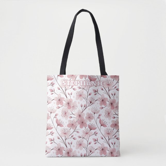 Bolsa Tote Pink Cherry Blossom Sakura Pattern on White (2) (Frente)