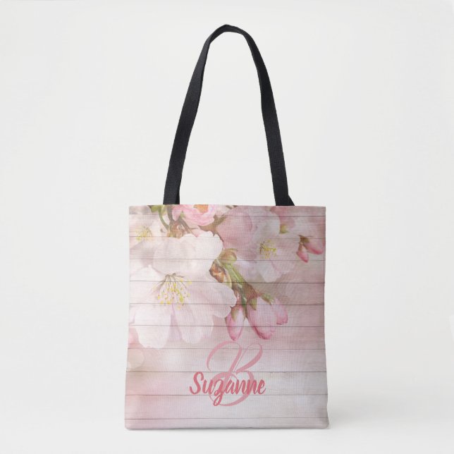 Bolsa Tote Pink cherry blossoms florals monogram (Frente)