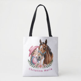 Bolsa Tote Pink Cowgirl Kissing a Horse Birthday Party Gift