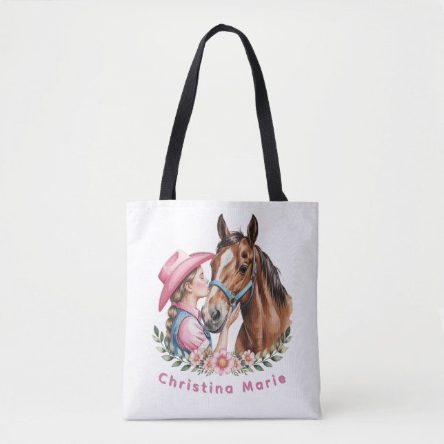 Bolsa Tote Pink Cowgirl Kissing a Horse Birthday Party Gift (Frente)