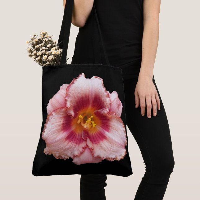 Bolsa Tote Pink Daylily Bloom no Floral Negro (Close Up)