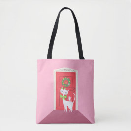 Bolsa Tote Pink de gato branco e rato retrátil de Natal