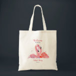 Bolsa Tote Pink Flamingos Beach Weding Tote Bag<br><div class="desc">Projetado especialmente para casamentos de destino, praia, ou casamentos tropicais, recebam seus convidados com este saco de boas-vindas com o tema flamingo. Mas faz um belo presente para noivas ou convidados fora da cidade. Preencha com pequenas coisas que seus convidados viagem gostarão. O design apresenta um par de flamingos cor-de-água...</div>