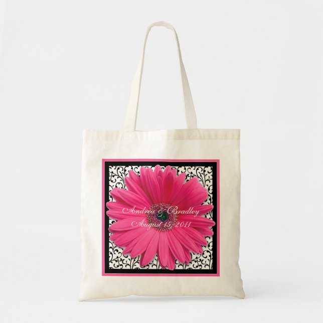 Bolsa Tote Pink Gerbera Daisy Black Weding Bag Bem-vindo (Frente)