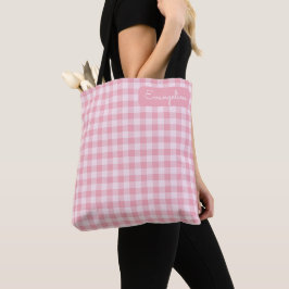 Bolsa Tote Pink Gingham Pattern Girly Checkered Plaid Name