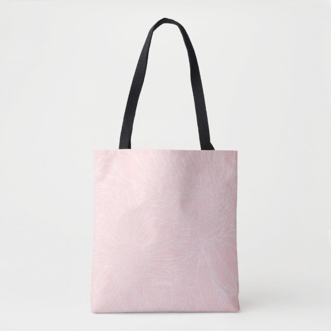 Bolsa Tote Pink Grunge with Name and Chrysanthemums (Frente)