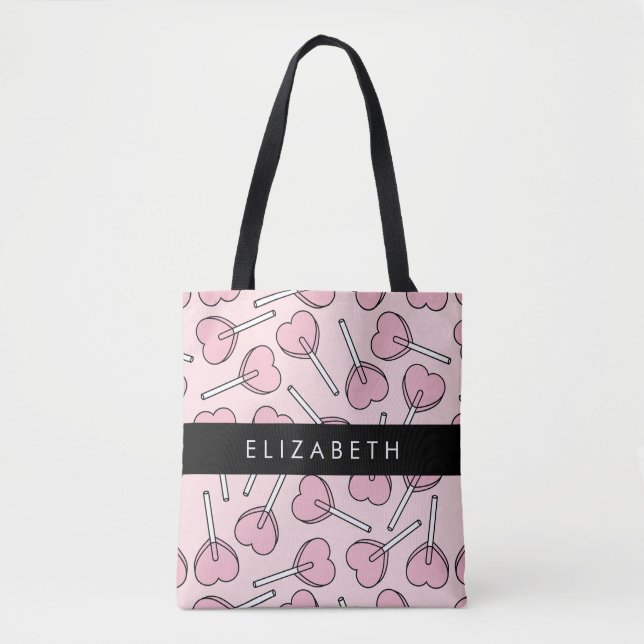 Bolsa Tote Pink Lollipops, Heart Lollipops, Lolly, Your Name (Frente)