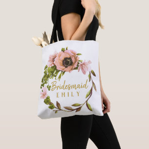 Bolsa Tote Pink Peony Wreath Bridesmaid Nome ID456
