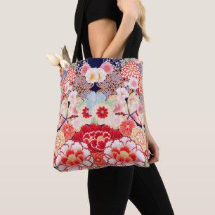 Bolsa Tote PINK RED WHITE FLOWERS Peony, Rosa Japonês Floral