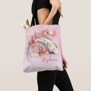 Bolsa Tote Pink Watercolor Dourado Koi Fish Floral Personaliz