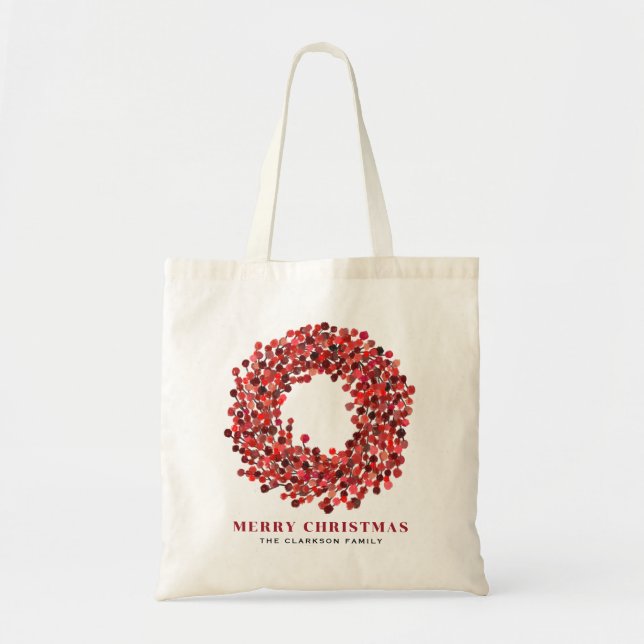 Bolsa Tote Pintado Mão Vermelho Winterberry Wreath no Natal (Frente)