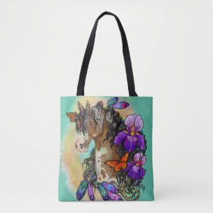 Bolsa Tote Pinte o mustang do cavalo com íris e borboletas