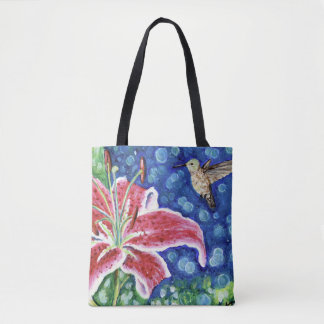 Bolsa Tote Pintor Hummingbird e Stargazer Lily