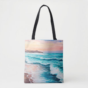 Bolsa Tote pintura a óleo do lindo pôr do sol roxo sobre o o