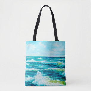 Bolsa Tote pintura a óleo mostrando ondas no oceano ou no ma