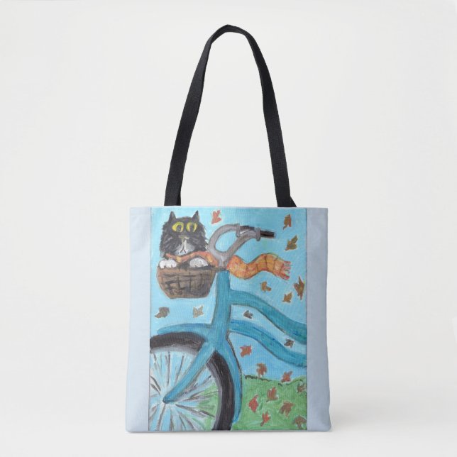 Bolsa Tote Pintura Bicicleta Folclórica de Gato Única (Frente)