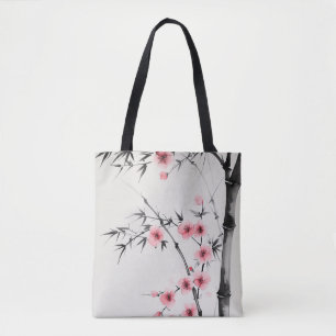 Bolsa Tote Pintura da floração de bambu e cereja na lavagem