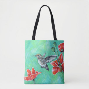 Bolsa Tote Pintura de Beija-flor e Papoulas