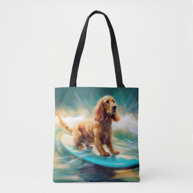 Bolsa Tote Pintura de Cocker Spaniel Surfando na Praia (Frente)