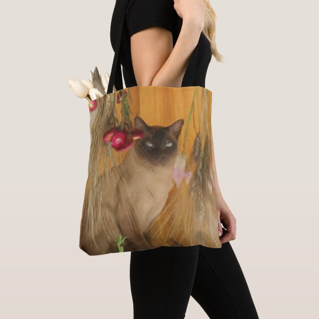 Bolsa Tote Pintura de Flores Secas de Gato Siames  (Close Up)