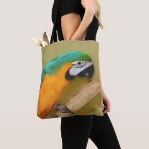 Bolsa Tote Pintura de Foto de Papagaio Dourado Azul