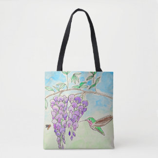 Bolsa Tote Pintura de Hummingbird e Wisteria