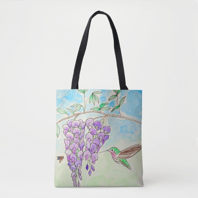 Bolsa Tote Pintura de Hummingbird e Wisteria (Frente)