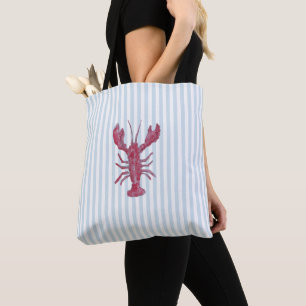 Bolsa Tote Pintura de Lagosta Faixa Azul Náutica Costeira