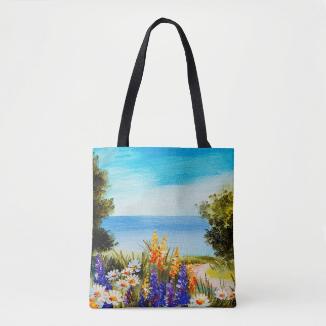 Bolsa Tote pintura de óleo de flores perto do mar, campo de c (Frente)