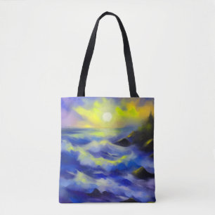 Bolsa Tote Pintura de ondas azuis escuras sob o sol