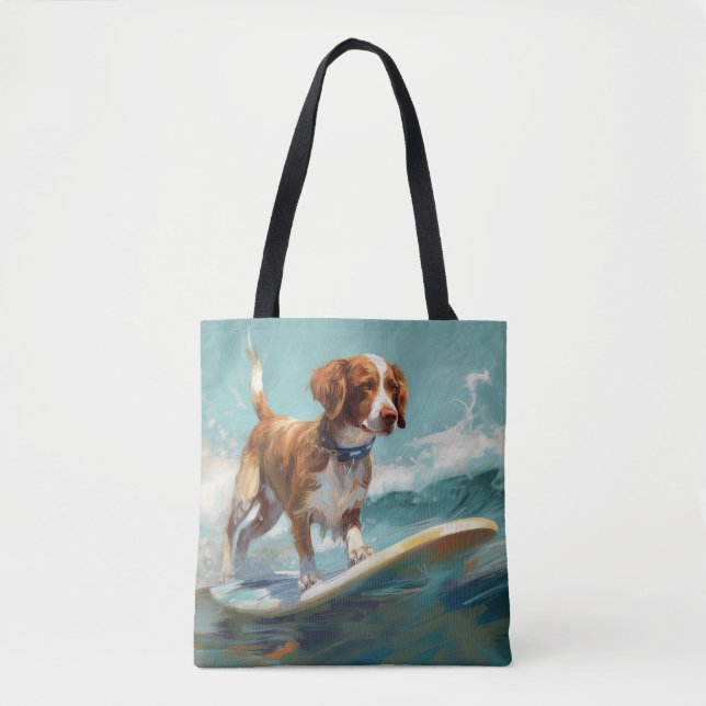 Bolsa Tote Pintura de Surf na Praia com Brittany Spaniel (Frente)