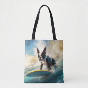 Bolsa Tote Pintura de Surf na Praia de Boston Terrier
