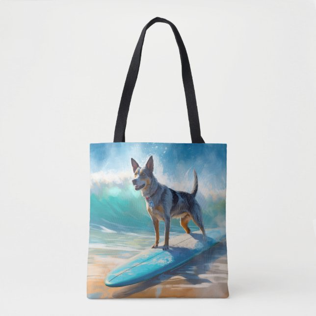 Bolsa Tote Pintura de Surfe em Praia Blue Heeler (Frente)